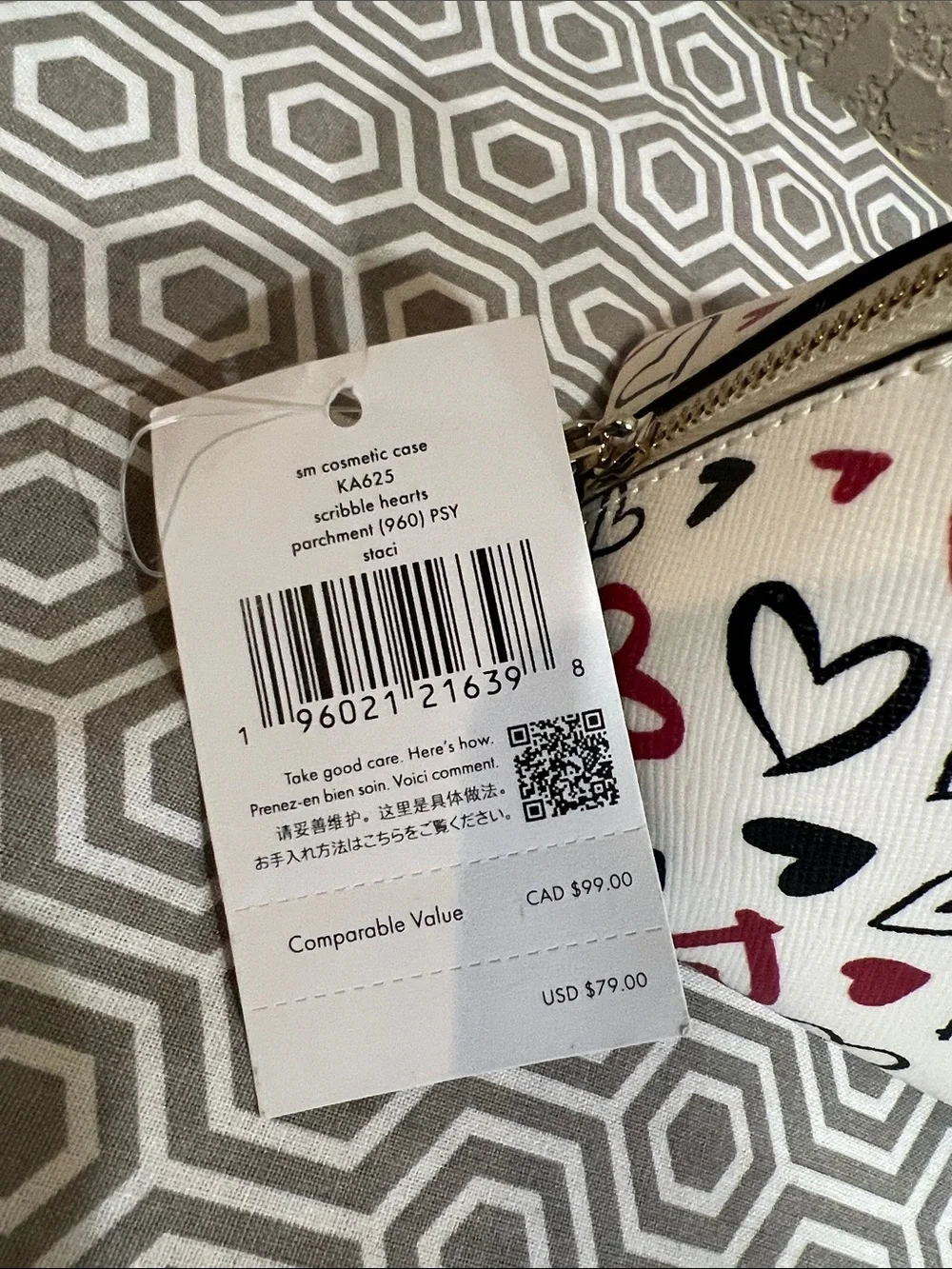 kate spade White Cosmetic Pouch with Red & Black Heart Print